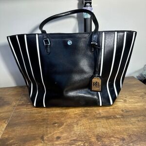 Lauren Ralph Lauren Black White Striped Tote Bag Faux‎ Leather RLL Logo Large
